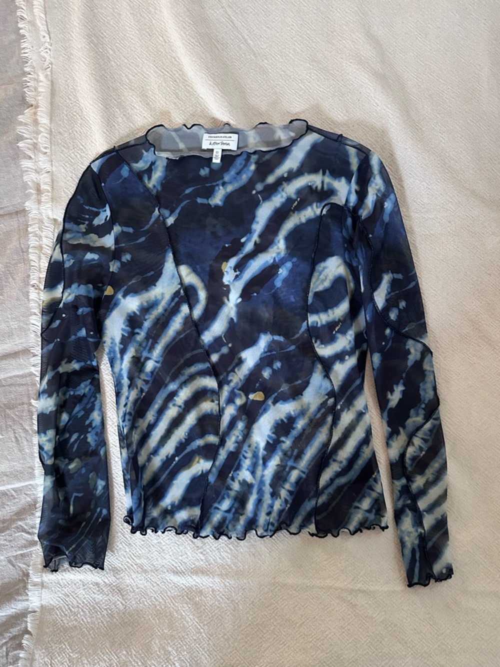 & Other Stories Blue And Cream Sheer Mesh Top - Size S